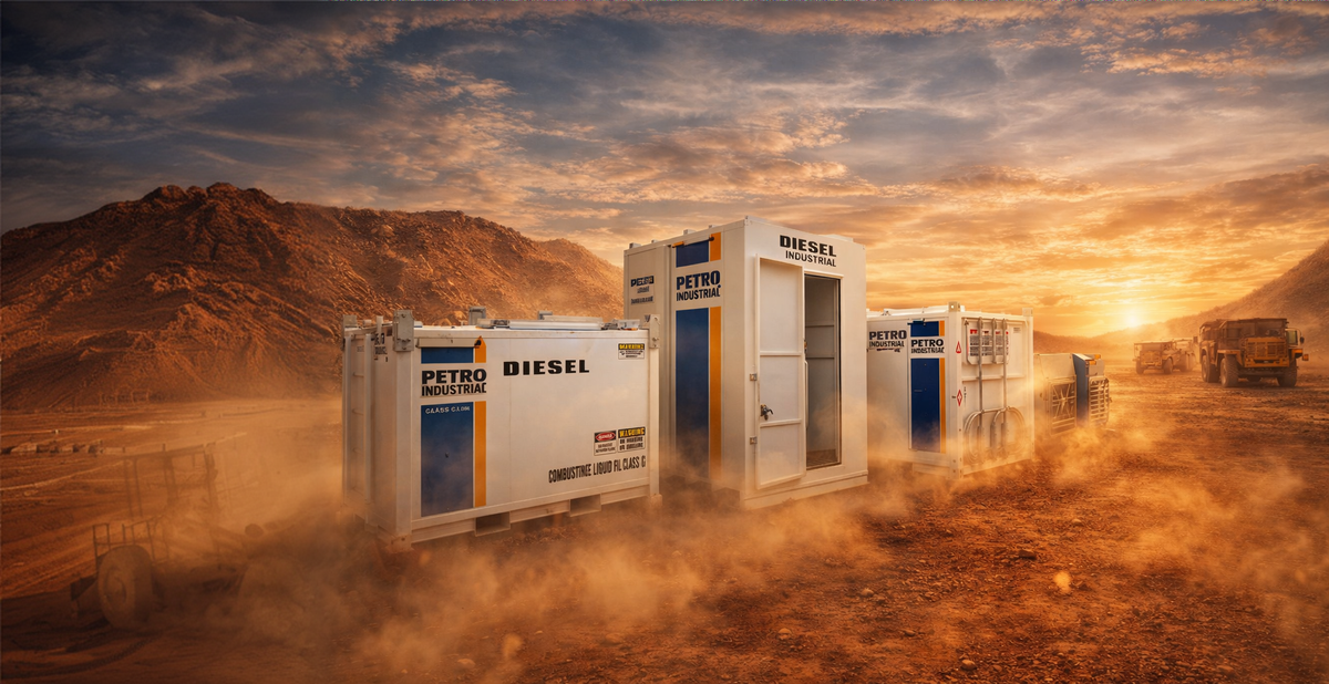 PETRO Industrial self bunded diesel tanks on a dusty mine site at sunset