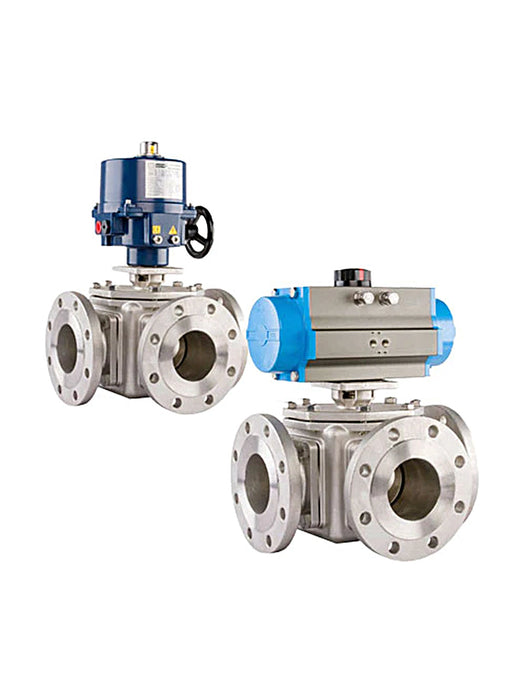 3 Way Stainless Steel Full Bore Ball Valves - Flanged Actuated