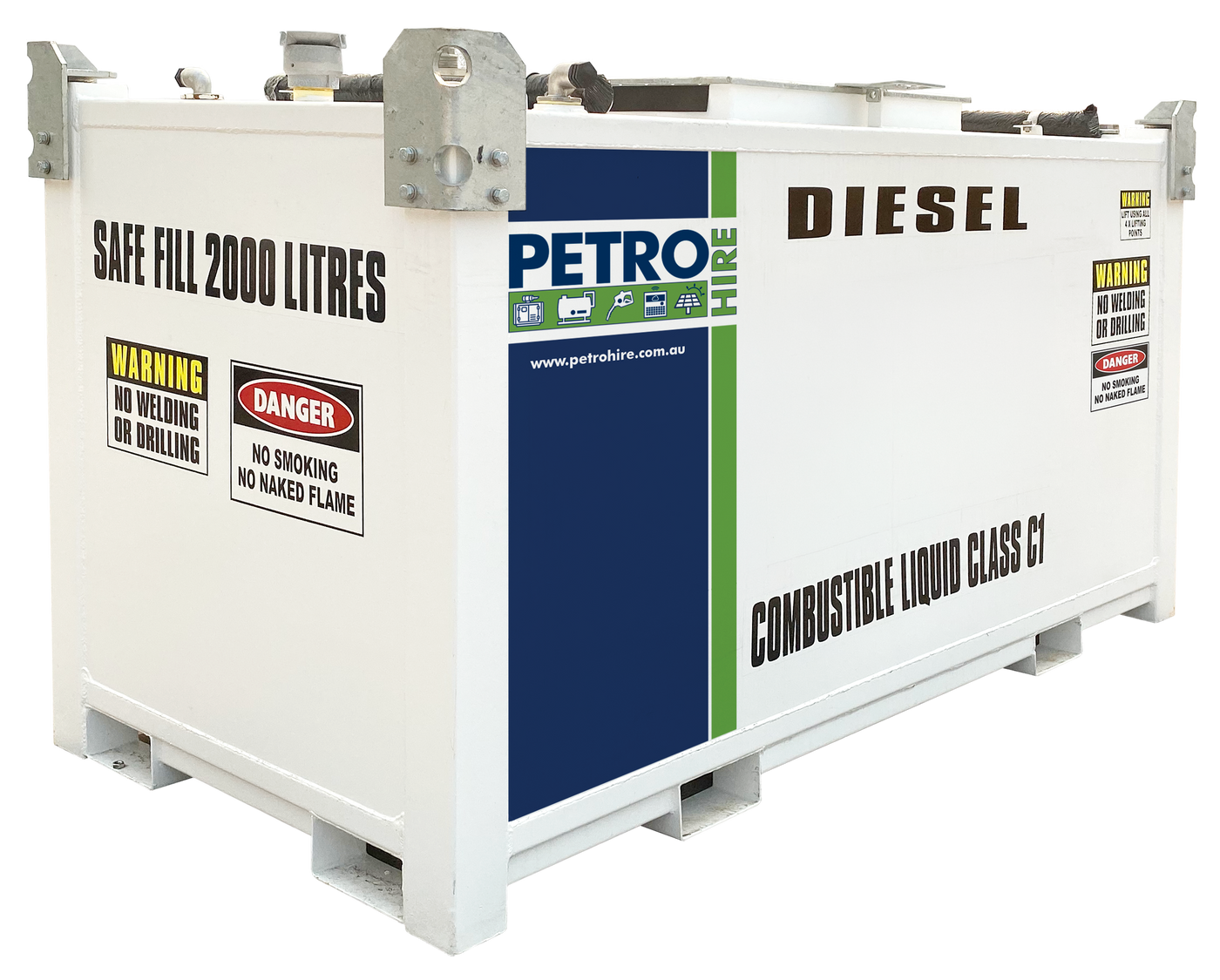PETRO Hire self-bunded bulk fuel pc cube fuel tanks range in size from 660 - 11,000L and customised dispensing and pumping equipment
