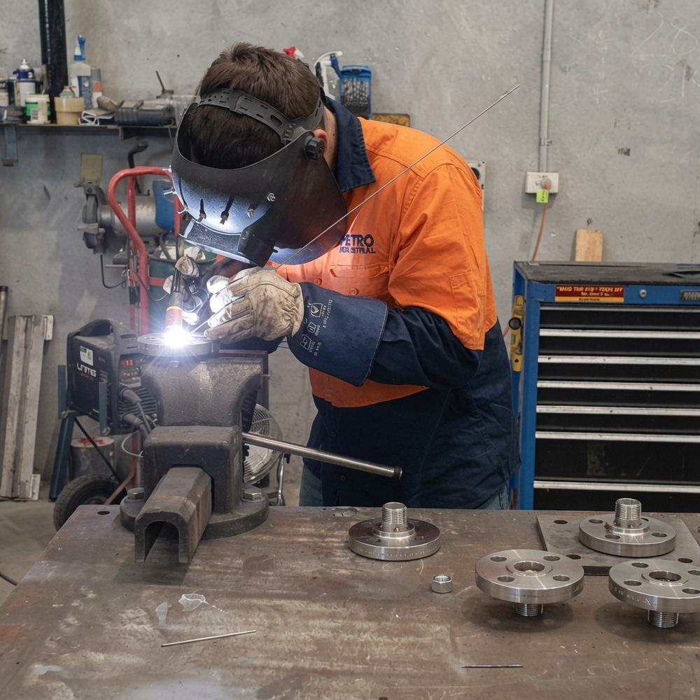 Welder fabricating steel components in the PETRO workshop