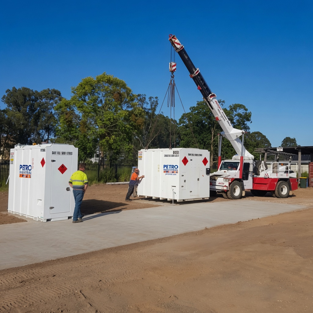 PETRO crane lifting a fuel storage unit into place