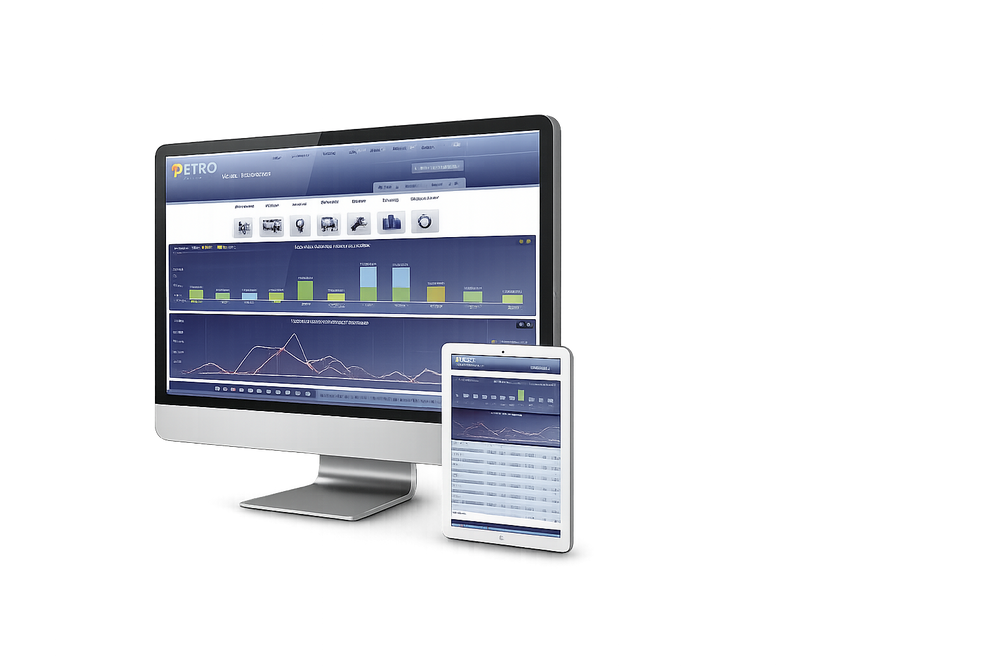 iPETRO cloud portal shown on a desktop monitor and tablet