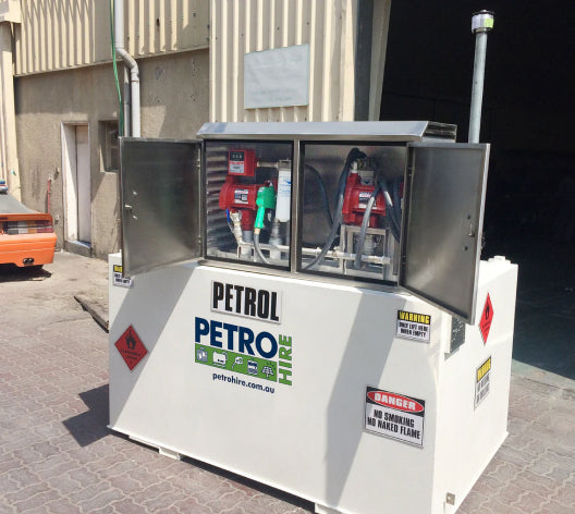 PETRO Hire self bunded fuel tank with dispensing cabinet open